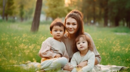 Happy mother holding babies in the park. Generative AI