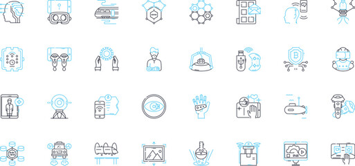 Advanced methods linear icons set. Optimization, Algorithm, Modeling, Simulation, Machine learning, AI, Big data line vector and concept signs. Analytics,Prediction,Complexity outline illustrations