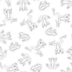 Vector seamless pattern with funny frogs on pond isolated on white. Hand drawn texture with cute cartoon characters in doodle style. - obrazy, fototapety, plakaty