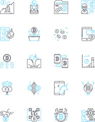 Financial technology startup linear icons set. FinTech, Cryptocurrency, Blockchain, Payment, Digital, Investing, Wealth line vector and concept signs. Savings,Budgeting,Trading outline illustrations