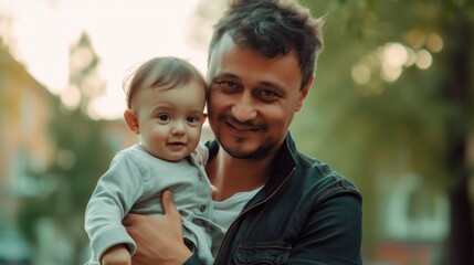 Fototapeta premium Portrait of happy father holding toddler in the hands. Generative AI
