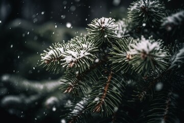 Snowy winter holiday evergreen Christmas pine tree with falling snowflakes. Generative AI
