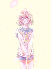 セーラー服の女子学生　桜吹雪