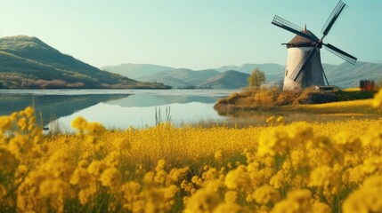 Windmill Beside Field of Yellow Flowers