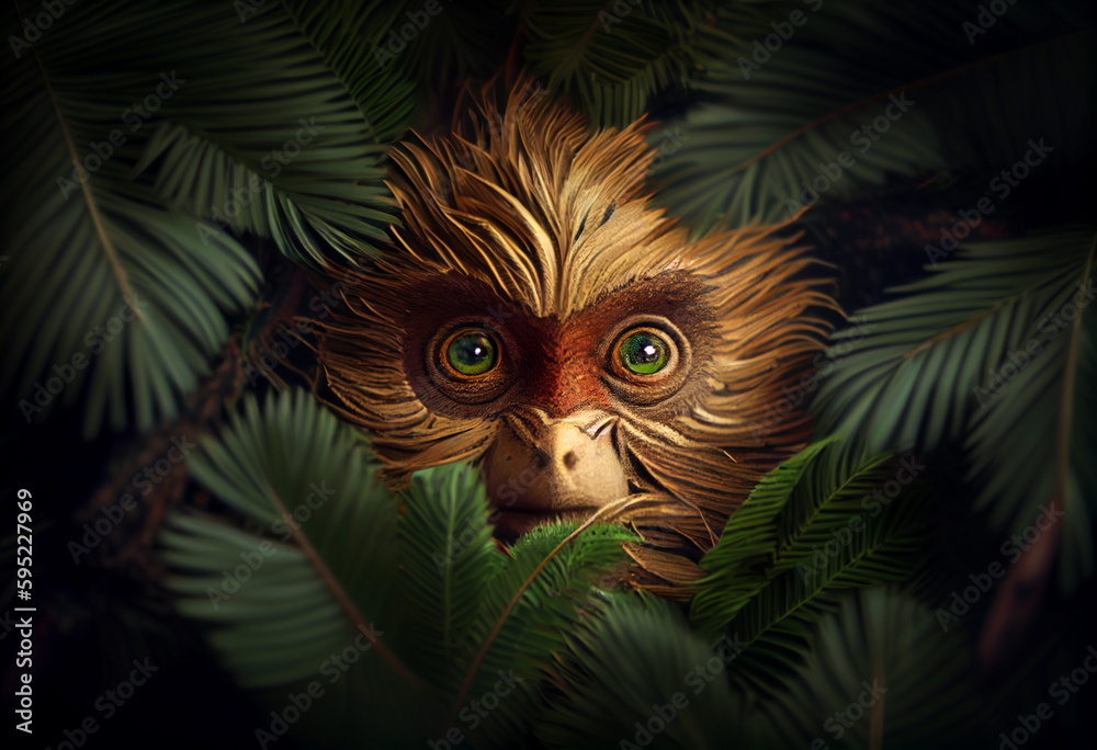 Poster beautiful abstract, surrealist monkey on autumn leaves background. generative ai technology.