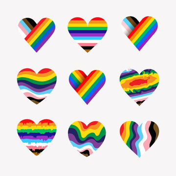 Set of LGBTQ Pride Heart. Heart Shape with LGBT Progress Pride Rainbow Flag Pattern. Pride month june. LGBT Heart wavy Rainbow Pride of Gay, Lesbian flag icon colorful concept. Vector Illustration.