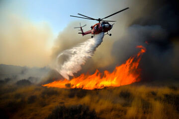 Fototapeta na wymiar Firefighters from a helicopter drops water on burning grass natural fires fields and forests. A fire helicopter hovered over a field. Generative AI.