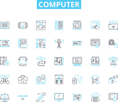 Computer linear icons set. Keyboard, Screen, Mouse, Software, Hardware, Processor, Memory line vector and concept signs. Storage,Internet,Nerking outline illustrations