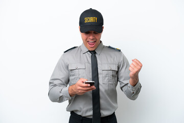 Young caucasian security man isolated on white background surprised and sending a message