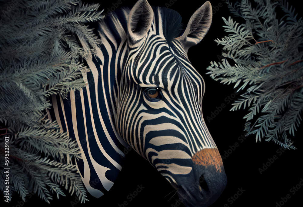 Poster beautiful abstract, zebra on autumn leaves background. generative ai technology.