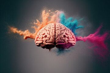 A genius human brain abstract color powder explosion art with 3D creative splash showing concept of psychology inspiration creativity emotion and wisdom . Admirable Generative AI image .
