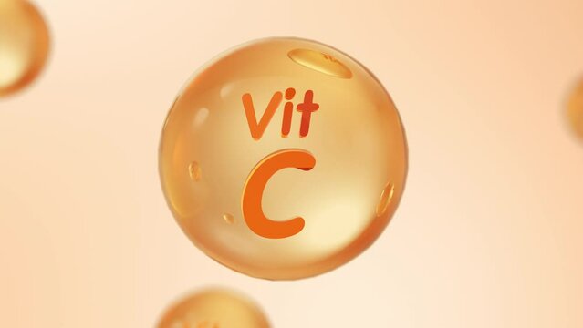 Vitamin C orange and structure. Pill vitamins complex and bubble collagen serum chemical formula. Beauty treatment nutrition skin care design. Medical and scientific concepts. 3D
