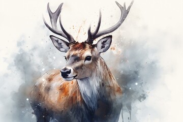 Wintry watercolor deer art. Generative AI