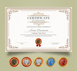 Certificate of Appreciation and Achievement template. Clean modern certificate with gold badge and modern curve line pattern. Diploma award design for business and education needs.