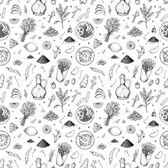 Food seamless pattern. Vector illustration in sketch style. Vintage background for restaurant menu and decoration © Kseniia