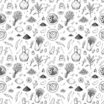 Naklejki Food seamless pattern. Vector illustration in sketch style. Vintage background for restaurant menu and decoration
