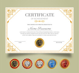 Certificate of Appreciation and Achievement template. Clean modern certificate with gold badge. Diploma award design for business and education needs.