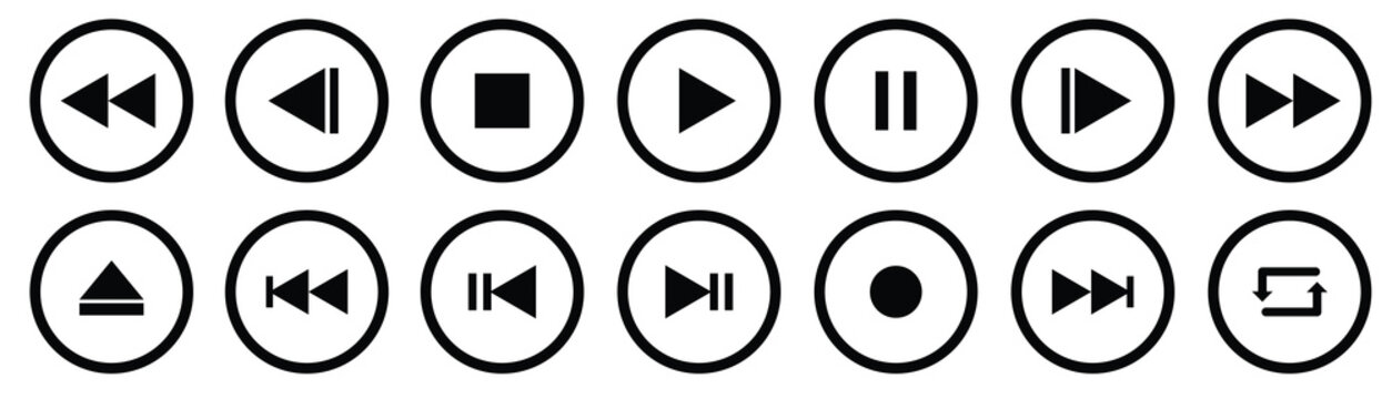 Media player icons set. Includes pause, toggle, reverse, stop, back, fast backwards, forward, skip backward, previous, nex, record, eject, repeat and speed buttons collection.