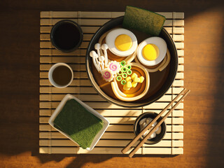 ramen soup with noodles, eggs and vegetables in bowl with nori and soy sauce on table. asian meal concept. 3d rendering illustration. 