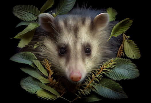 Beautiful abstract, Virginia Opossum on autumn leaves background. Generative AI technology.