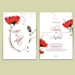 Wedding invitation set template with watercolor red poppy flower, red flowers, save the date , wedding invitation in watercolor style, Minimalist style, rustic