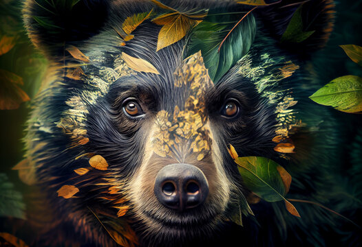 Beautiful abstract, Snow Leopard on autumn leaves background. Generative AI technology.