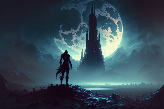 A dark medieval fantasy landscape with a tall black Romanesque tower, silhouetted against the full moon.