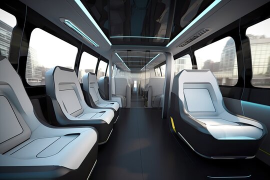 Futuristic concept for urban transportation. Train interior design idea created using generative AI tools