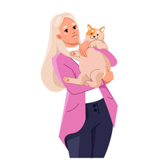 A happy girl is holding a cute red and white cat in her arms. Portrait of the pet owner. Four-legged friends and their owners. Vector illustration in cartoon style, isolated on a white background