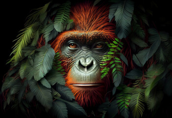 Beautiful abstract, Orangutan on autumn leaves background. Generative AI technology.