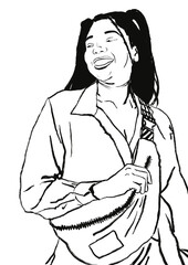 Jeune femme afro-américaine portant un sac banane à la mode. Illustration monochrome type linogravure 