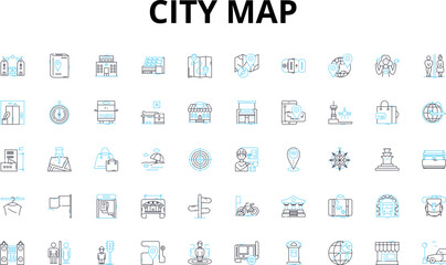 City map linear icons set. Navigation, Tourist, Streets, Districts, Landmarks, Transit, Tour vector symbols and line concept signs. Guide,Directions,Destination illustration