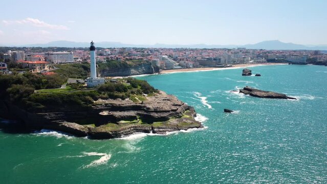 Aerial view of Biarritz lighthouse and coastline, Aquitaine, France. High quality 4k footage