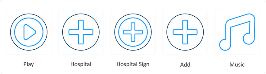 A set of 5 mix icons as play, hospital, hospital sign