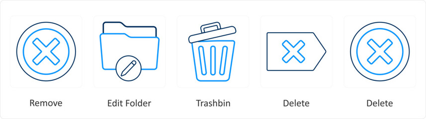 A set of 5 mix icons as remove, edit folder, trash bin