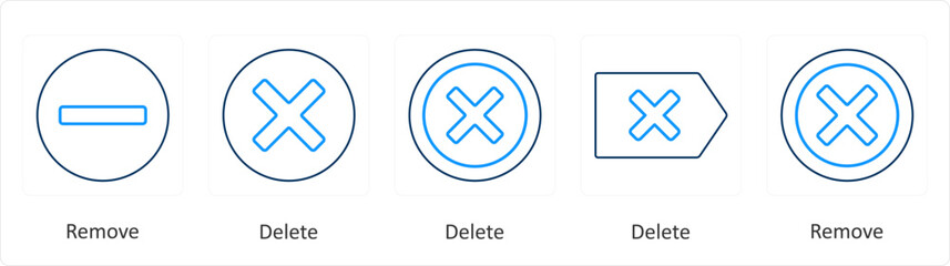 Obraz premium A set of 5 mix icons as remove, delete, cross