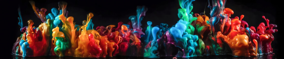 Colorful paints of different shades mixed in water. Beautiful waves of multi-colored paints. scattered drops and splashes in different directions. Background to insert into the project. Generative AI.