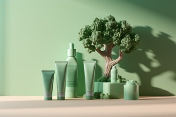 3D display for summer products on green/white background with shadow of a tree. Rendered illustration. Generative AI