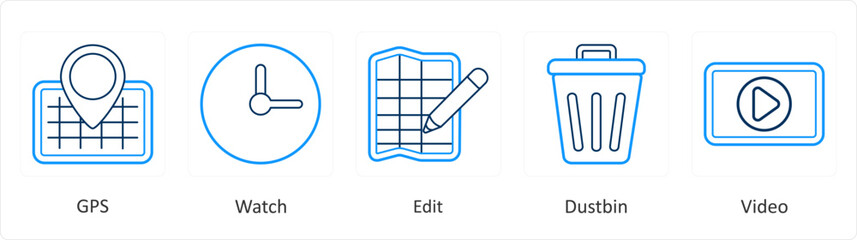 A set of 5 mix icons as gps, watch, edit