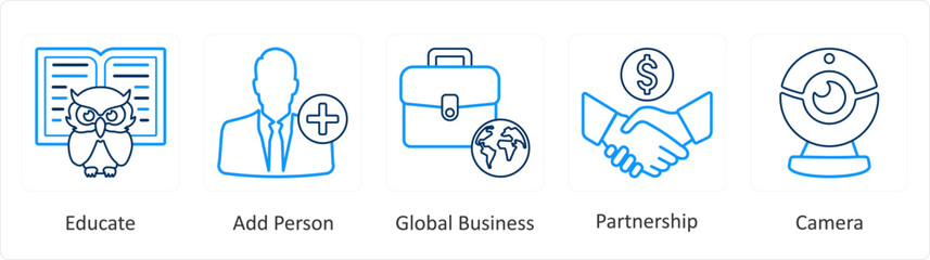 A set of 5 mix icons as educate, add person, global business