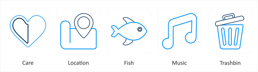 A set of 5 mix icons as care, location, fish