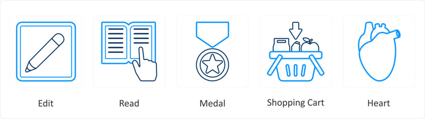 A set of 5 mix icons as edit, read, medal