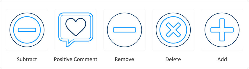 A set of 5 mix icons as subtract, positive comment