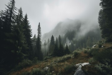 Mountainous forest with low clouds. Generative AI