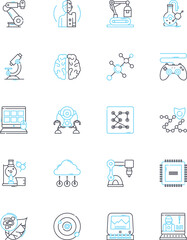 Simulated development linear icons set. Virtual, Model, Simulation, Prototype, Emulated, Practice, Test line vector and concept signs. Replicate,Imitate,Copy outline illustrations