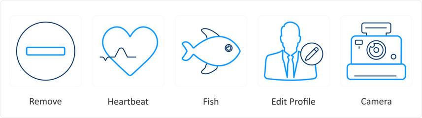 A set of 5 mix icons as remove, heart beat, fish