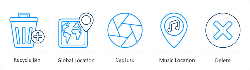 A set of 5 mix icons as recycle bin, global location, capture