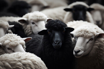 A black sheep in the herd surrounded of white sheeps with the concept of be outstanding or unique. Generative AI.