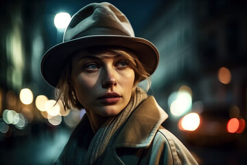 female detective in hat and coat on city street at night in style of film noir. Generative AI