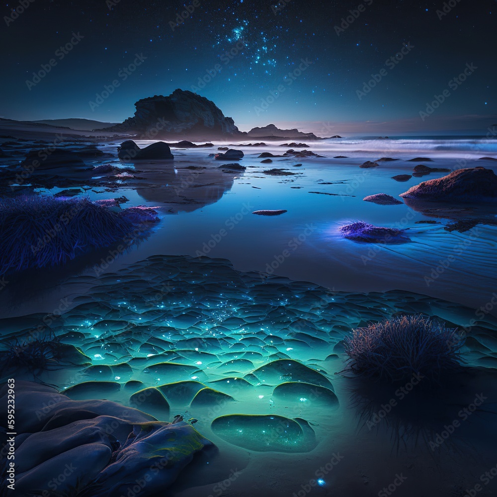 Wall mural A beautiful and peaceful seashore with bioluminescent plankton, natural moon light